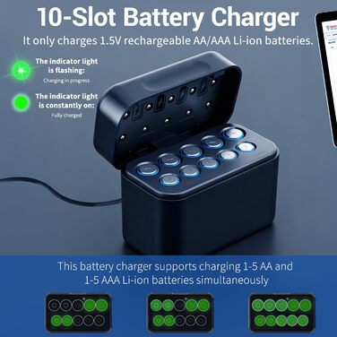 Слотовий літій-іонний зарядний пристрій для акумуляторів типу AA/AAA (1,5 В) Автоматичне виявлення та активація при 0 В Незалежні зарядні станції (350 мАг/200 мАг) Компактний та роз&39єм Type-C (чорний), 10-
