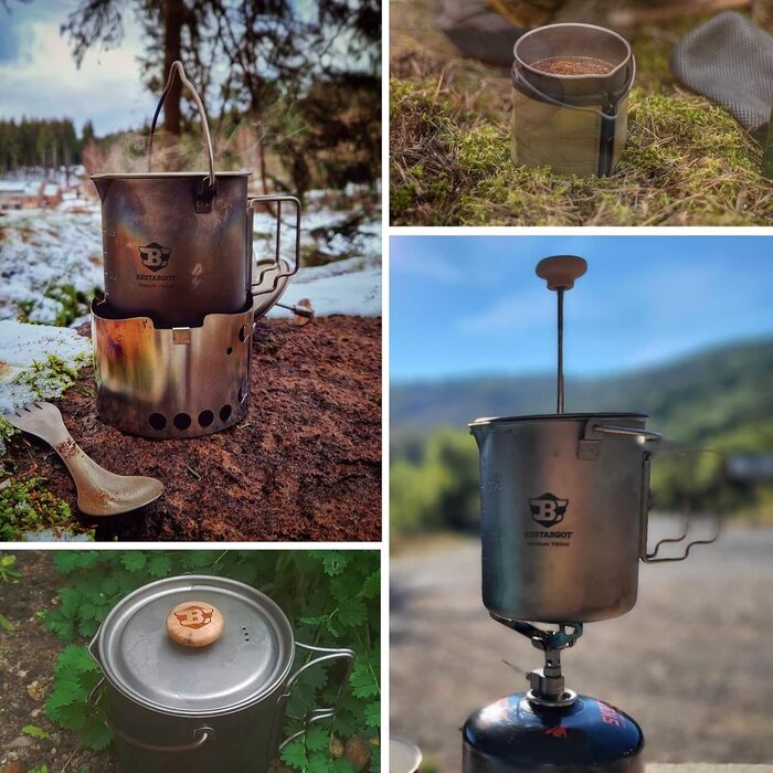 Кавоварка Bestargot French Press Titanium для кемпінгу, титанова чашка-горщик об&39ємом 750 мл макс. для активного відпочинку та кемпінгу, надлегкий кемпінговий посуд, 188 г для бушкрафту та подорожей, титановий тип 1-750 мл з кавовим фільтром