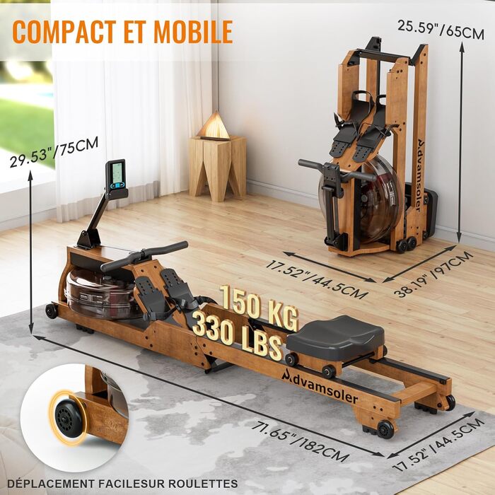Водний гребний тренажер для домашнього використання, високоякісний складний водний гребний тренажер з масиву дерева, з професійним Bluetooth-монітором та тримачем для планшета, максимальне навантаження 150 кг R623-51-NEW