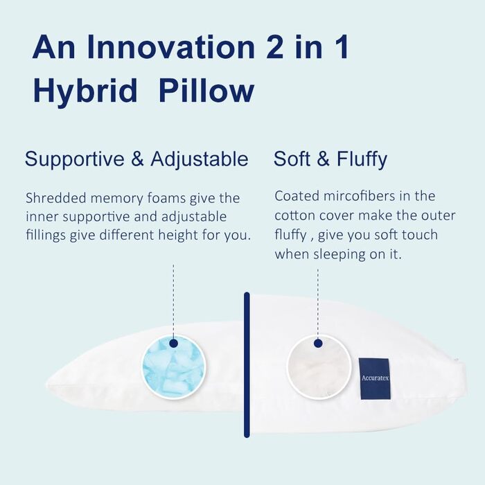 Подушка ACCURATEX Hybrid Crushed Memory Foam 40x80 см, 2 шт., подушки з наповнювачем з мікрофібри та знімним чохлом, регульована по висоті подушка для сну на боці, спині та животі, можна прати, біла, 4080 см