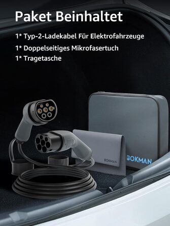 Зарядний кабель bokman type 2, режим 3 / 32A / 22 кВт / 3-фазний / 5 метрів, зарядний кабель типу 2 до типу 2 EV для електромобіля