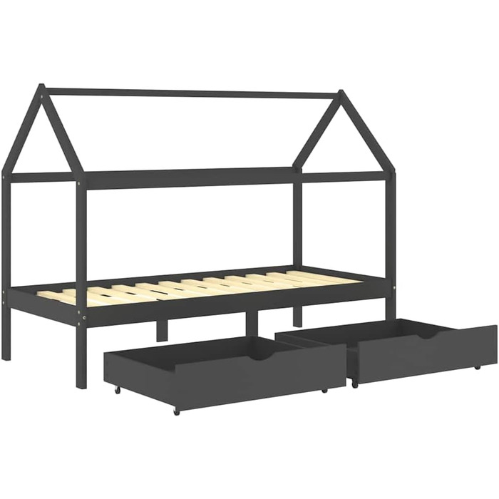 Дитяче ліжко з масиву дерева з 2 шухлядами в стилі будиночку на дереві, 90x200 см, темно-сірий колір, місце для зберігання речей та міцна рейкова конструкція, 206 x 97 x 140 см, темно-сірий колір