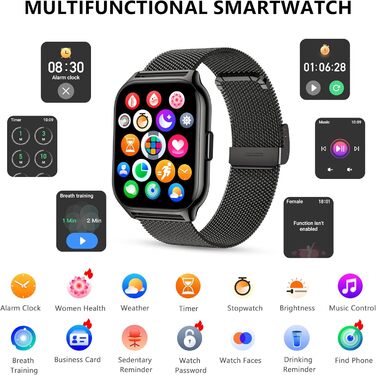 Розумний годинник для чоловіків та жінок, 2,01-дюймовий фітнес-трекер з функцією телефону/голосового помічника/нагадування про повідомлення, фітнес-годинник з монітором серцевого ритму та сну (чорний метал чорний силікон) ЧорнийЧорний
