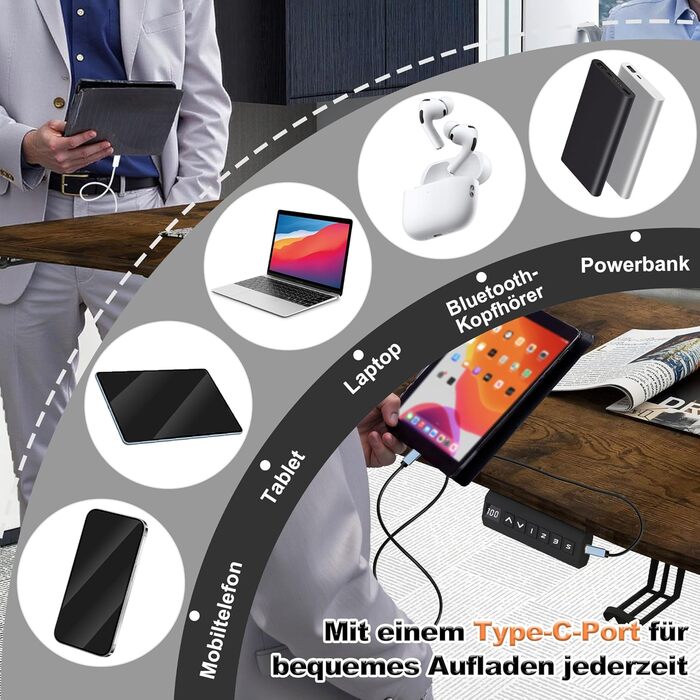 Електричний стіл з регулюванням висоти 16060 см, комп&39ютерний стіл, 3 функції пам&39яті, гладка поверхня, порт Type-C, органайзер для кабелів, гачок для навушників та підсклянник, вінтажний коричневий 160 x 60 см вінтажний коричневий