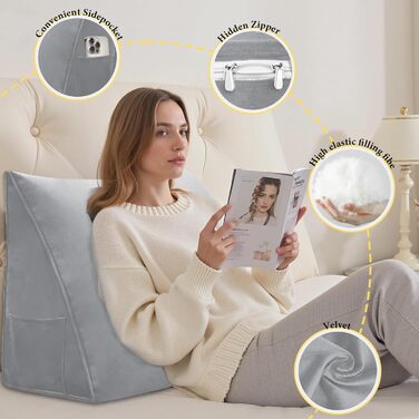 Подушка для читання Трикутна клиноподібна подушка для ліжка та дивана, зручна подушка для спини, мяка опорна подушка для читання та відпочинку, зі знімним чохлом, який можна прати, сіра, 45 см