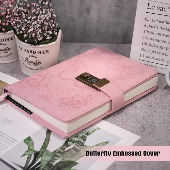 Щоденник TIEFOSSI із замком для жінок та дівчат, журнал у лінійку із замком, блокнот-щоденник у формі метелика з ручкою та закладкою-метеликом, щоденник для письма із замком, рожевий