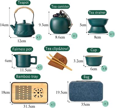 Китайський чайний сервіз з ситечком, порцеляновий набір для чаювання на 6 чашок, з ручкою з конопляного канату для розсипного чаю, ідеальний подарунок для поціновувачів чаю, зелений колір