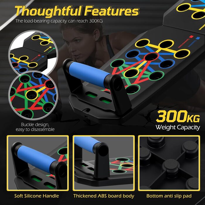 Дошка для віджимань 24-в-1 з ручками для віджимань, 2 натяжні мотузки, 20 клейких подушечок, сумка, паралелети, вантажопідйомність 150 кг, домашнє фітнес-обладнання