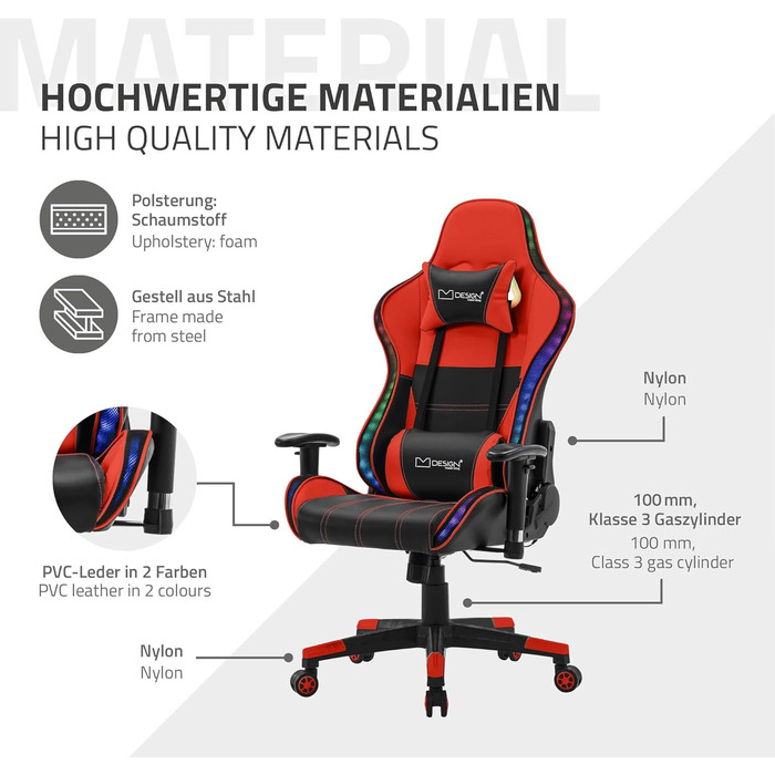 Ігрове крісло ML-Design із RGB-світлодіодним підсвічуванням та Bluetooth-динаміками, червоне, штучна шкіра, ергономічне офісне крісло, висока спинка, підголівник, поперекова підтримка, поворотне та регульоване, гоночне ігрове крісло