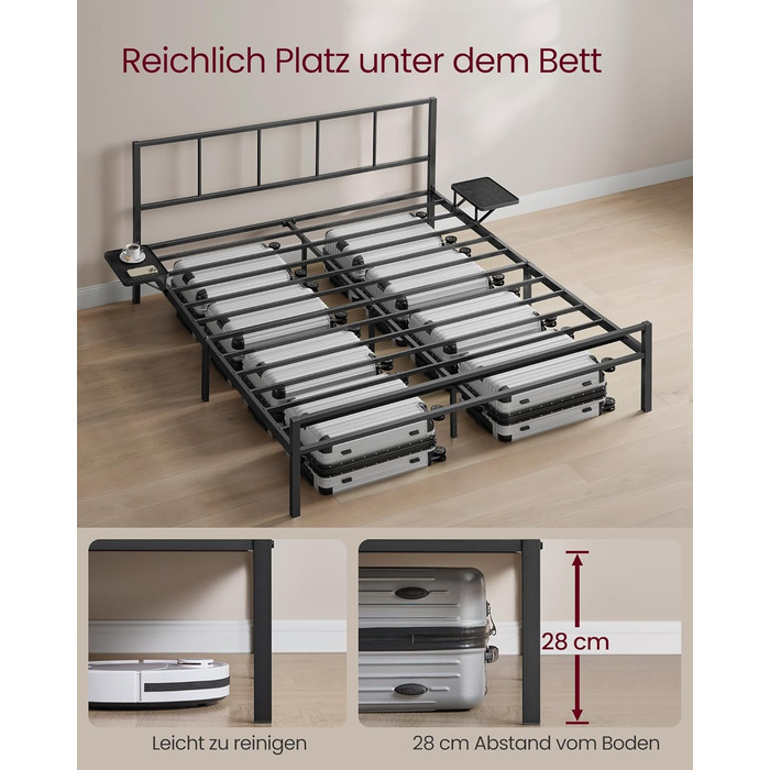 Каркас двоспального ліжка, Ліжко, 160 x 200 см, Металеве ліжко, Каркас ліжка, з узголів&39ям, Сучасне, з полицями для зберігання, Гостьове ліжко, для підлітків, Матовий чорний RMB195B01 160 x 200 см з узголів&39ям