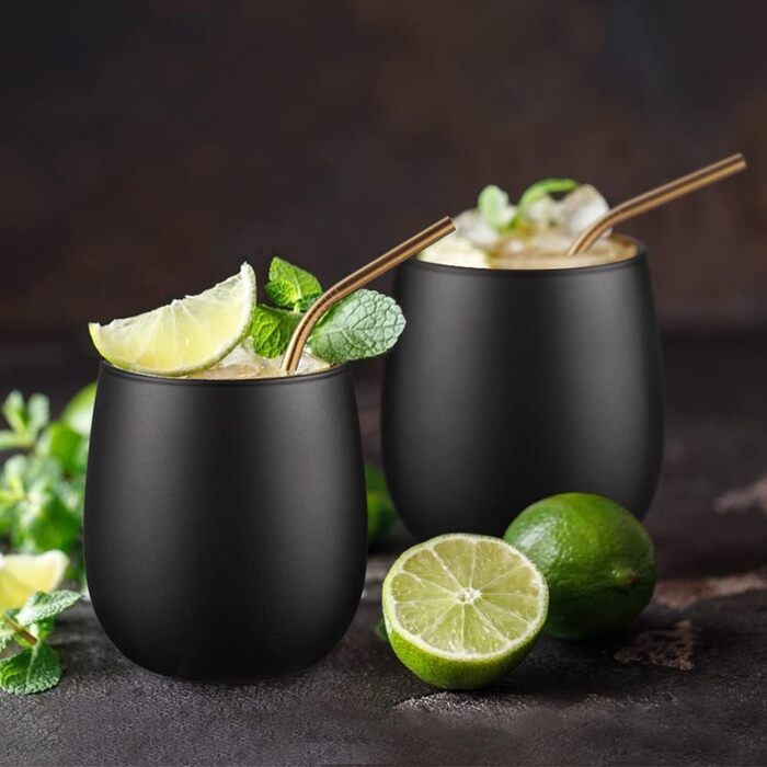 Мл Келихи для джину Чорні матові склянки для пиття Набір з 2 склянок для води з рожевим золотом Миготлива внутрішня стінка, бороси