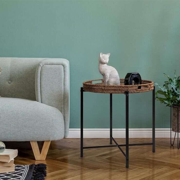 Плетений круглий журнальний столик 48 x В50 см, журнальний столик зі знімним підносом, журнальний столик з регульованими ніжками діаметр 48 см x висота 50 см