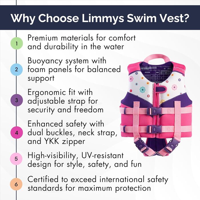 Плавальний жилет преміум-класу Limmys для дітей допоміжний жилет для плавання та безпеки для малюків, хлопчиків та дівчаток інноваційні функції безпеки, розмір S, ягідно-рожевий
