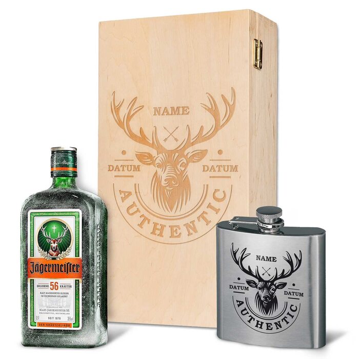 Подарунковий набір із гравіюванням для термосів - Термос з нержавіючої сталі 150 мл з гравіюванням - Включає пляшку Jgermeister 350 мл та гравіровану дерев&39яну коробку - Подарунок на День батька для тата - Колір Олень