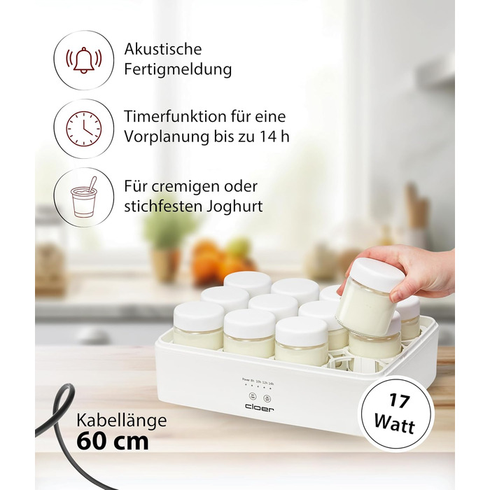 Йогуртниця Cloer 9921 для 12 баночок по 150 мл, таймер 8-14 год, LED-дисплей, звуковий сигнал, прозора кришка, біла, 17 Вт