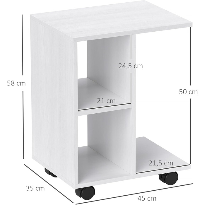 Журнальний столик HOMCOM C-подібної форми на колесах, переносний диванний столик, для невеликих приміщень, 45 x 35 x 58 см, білий