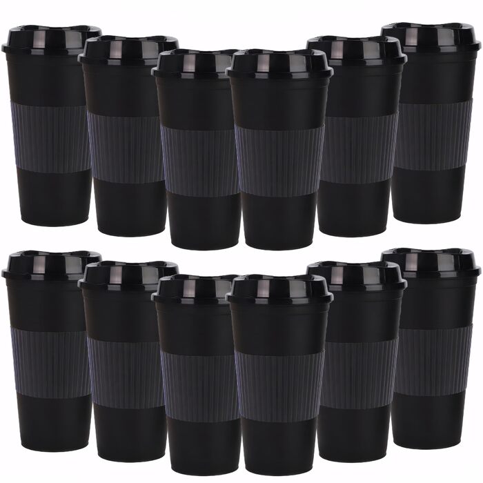 Кавова кружка об&39ємом 486 мл з кришкою, упаковка з 12 пластикових стаканчиків, багаторазові кавові чашки для автомобіля та в дорозі (12, чорні) Чорний 12
