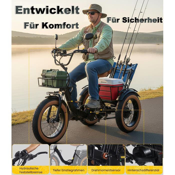 Електричний триколісний велосипед KAKIGO для дорослих, товсті шини 20x4, складаний алюмінієвий електровелосипед, двигун 250 Вт, 65 Нм, акумулятор 48 В 15,6 Аг, 25 км/год, передній та задній кошики, диференціал, запас ходу 90 км, червоний, з тримачем для т