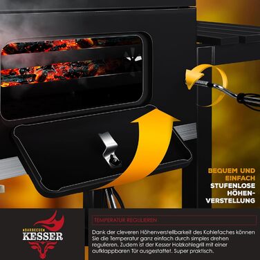 Вугільний гриль KESSER BBQ Smoker XL з кришкою, колесами, ручкою з нержавіючої сталі, термометром, решіткою для гриля, щіткою, кришкою, 8 шампурами з пакетом і силіконовою щіткою, окремо стоячим грилем, візком для вугільного гриля