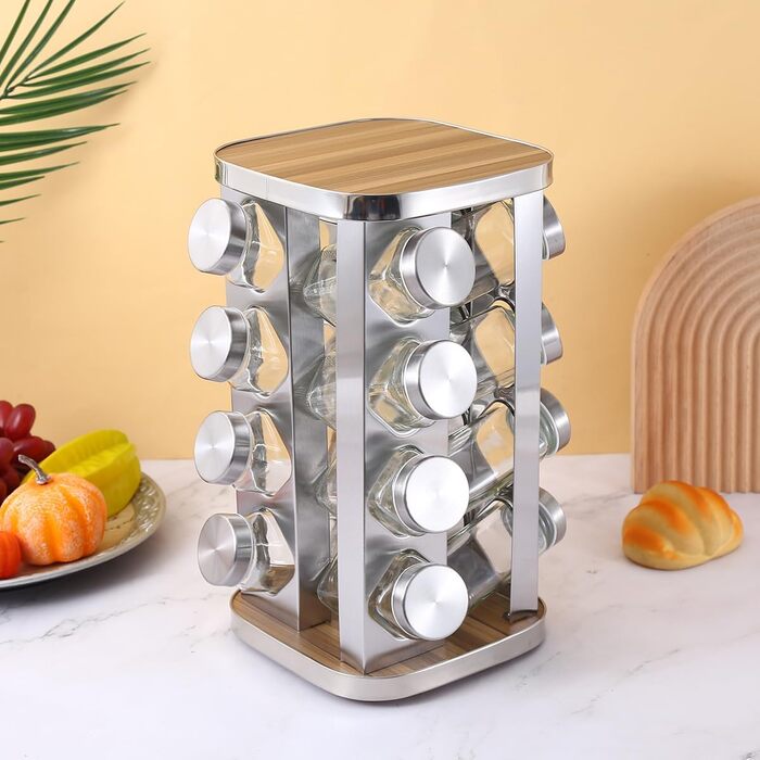 Обертова на 360 підставка для спецій з нержавіючої сталі з 16 баночками для спецій карусельний органайзер для спецій для кухні, дерев&39яна та скляна підставка для спецій, поворотний стіл компактна, стійка до іржі, без бісфенолу А, срібляста