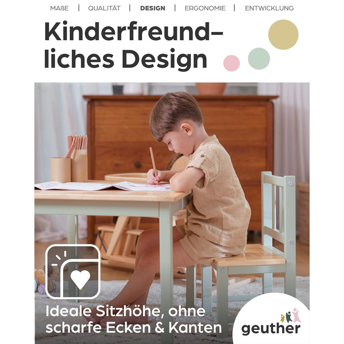 Дитячий комплект сидіння Geuther ACTIVITY Дитячий стіл з 2 стільцями, дерев&39яний Ігровий стіл для дітей віком від 1 року Комплект дитячого столу та стільців для дитячих кімнат Стіл для рукоділля та малювання для дітей Міцні меблі для дитячої кімнати, зе
