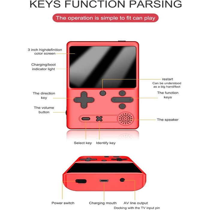 Ручна ігрова приставка Cuifati Retro, 500 класичних популярних ігор, 3-дюймовий кольоровий HD екран, аркадний ігровий плеєр з дротовим відтворенням на телевізорі, вправи для (червоний)