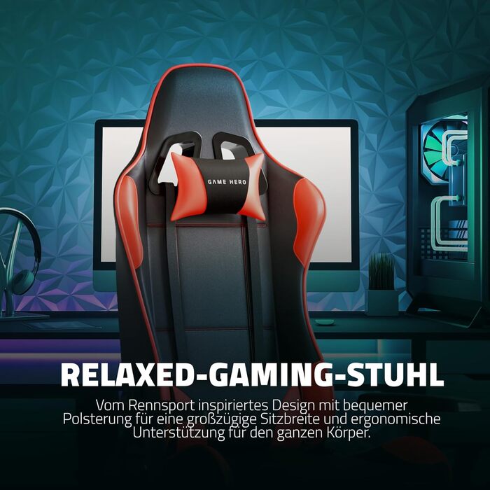 Ергономічне офісне крісло Game Hero - Ігрове крісло з подушкою для стегон та підголівником - Геймерське крісло з підставкою для ніг - Шкіряне крісло для роботи, Ігрове крісло до 125 кг - Winner X1 (червоне)