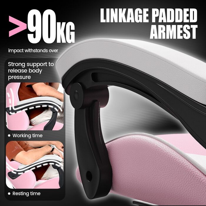 Ігрове крісло bigzzia, спинка з нахилом 90-135, ергономічне ігрове крісло з підголівником та підлокітниками, дихаюче комп&39ютерне крісло для підлітків, хлопчиків, дівчаток та дорослих, рожеве, базові стилі