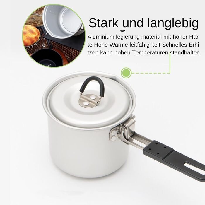 Складаний горщик для кемпінгу 770 мл, горщик для пікніка, відкритий горщик для приготування їжі, чашка з нержавіючої сталі, алюмінієвий корпус, дизайн, антипригарний, одна порція, кемпінг, приготування їжі, походи, барбекю, пригоди та подорожі