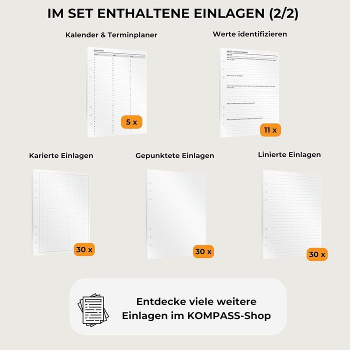 Папка-реєстратор KOMPASS A5 з кільцями, що замінюється, Стартовий набір, включаючи 309 вставок Папка-реєстратор успіху A5 Планувальник справ, щотижневий планувальник, планувальник зустрічей, календар, журнал Bullet, трекер звичок, чорний стартовий набір