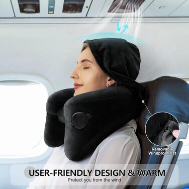 Подушка Sunany Neck Pillow Airplane with Hood, Travel Pillow for Air Travel and Car, Inflatable and Comfortable Travel Neck Pillow Adults, Supports Head, Neck and Chin - Black