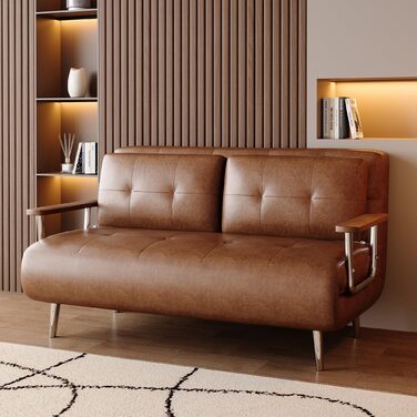 Диван-ліжко під шкіру, сучасний 2-місний диван з функцією сну, диван-ліжко з розкладним матрацом, універсальний диван-ліжко для віталень, спалень та невеликих кімнат, коричневий (150 см)