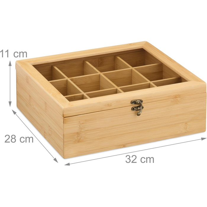 Чайна коробка Relaxdays, 12 відділень, для зберігання чайних пакетиків, бамбук, чайна скринька з оглядовим віконцем, ВxШxГ 11 x 32 x 28 см, натуральний колір