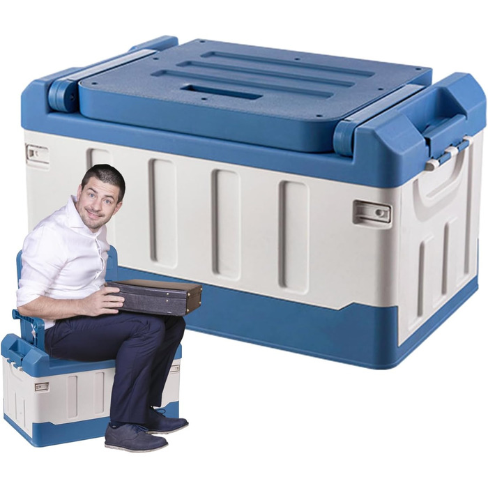 Ящик для рибальських снастей з аксесуарами, рибальське крісло, ящик для снастей, органайзер для зберігання на відкритому повітрі, портативний та складаний - 3-в-1 автомобільний рибальський ящик, велика місткість, двошарові аксесуари, синій та білий