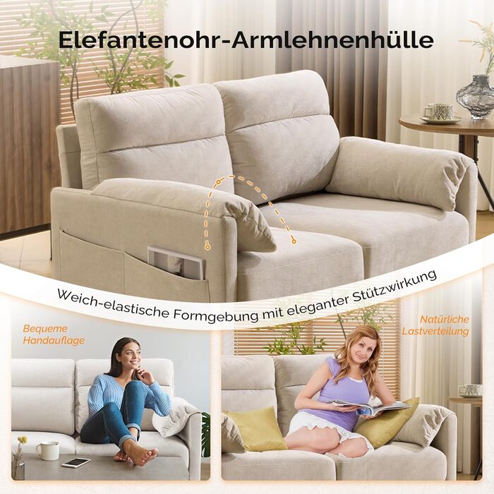 Маленький 2-місний диван Bonnlo, міні-диван 125 см, невеликий тканинний диван з м&39якими підлокітниками, маленький диван для офісу, вітальні, спальні та кабінету, легке складання, льон, бежевий