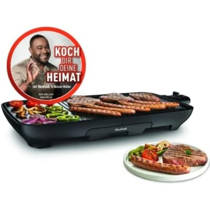 Настільний гриль Tefal Malaga TG3918 Електричний гриль Регульований термостат Сковорода з антипригарним покриттям, гриль 2/3, теппаньякі 1/3 Знімний кабель Тарілка піддон для крапель можна мити в посудомийній машині 2000 Вт