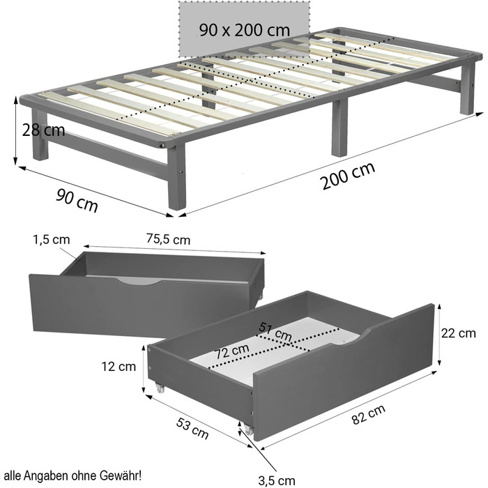 Ліжко з масиву дерев&39яних піддонів Homestyle4u 90x200 см з шухлядами, каркас ліжка з рейковою основою, сіра сосна, масив деревини 90 x 200 см, без матраца, сірий