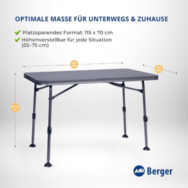 Кемпінговий стіл BERGER Molveno Складаний стіл, регульована висота, 115 x 70 см, алюмінієвий кемпінговий стіл, складний кемпінговий стіл, садовий стіл, складаний Складаний стіл, обідній стіл, балконний стіл, садовий стіл, патіо