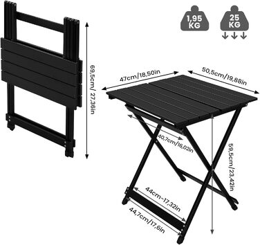 Складаний кемпінговий стіл WOLTU, алюмінієвий садовий стіл, балконний стіл, розкладний стіл, бічний столик для саду, патіо, балкону, 50,5 x 59,5 x 47 см (Ш x В x Г), чорний