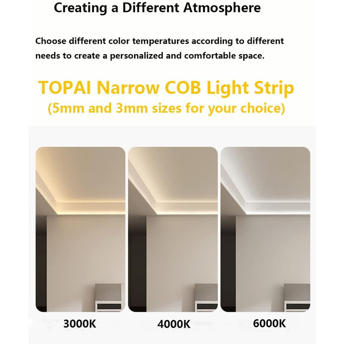 Світлодіодна стрічка TOPAI 12V COB 5M тепла біла, вузька світлодіодна стрічка 3000K Самоклеюча 384LED/M CRI90, неводонепроникний гнучкий ріжучий стіл для прикраси домашньої кухні своїми руками (холодний білий, шириною 3 мм)