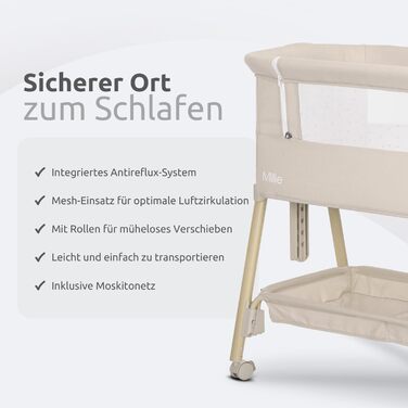 Дитяче ліжечко Lorelli Baby Millie, колиска зі складною бічною панеллю, регульоване по висоті дитяче ліжечко з матрацом, складне приліжкове ліжечко, бежевий колір