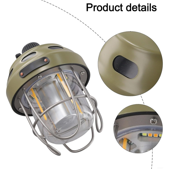 Акумуляторний кемпінговий ліхтар з акумулятором 2000 мАг, тепле/жовте світло, клас захисту IPX3, конструкція з алюмінію, сталі та ABS-пластику, для наметів та використання на свіжому повітрі (зелений)