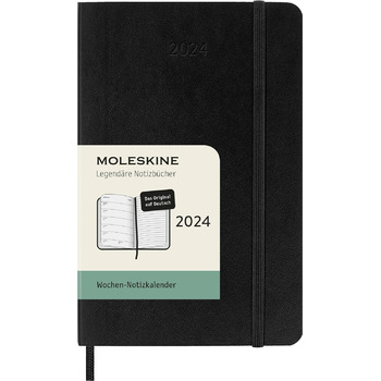 Тижневий планувальник Moleskine з місцем для нотаток, 12 місяців 2024, порядок денний 2024, кишеня 9x14, м'яка обкладинка з еластичною застібкою, колір чорний, мова Німецька