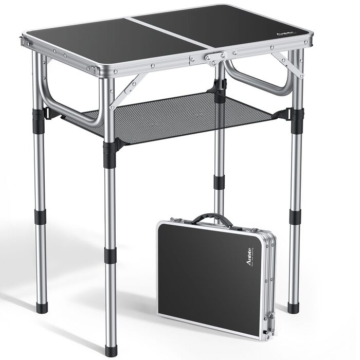 Стіл для кемпінгу Anbte, розкладний стіл 60x40 см, алюмінієва рама з 3 регульованими висотами 26/48/70 см, стіл для пікніка з сіткою для зберігання, портативний багатофункціональний стіл для кемпінгу, пляжу, балкону (чорний) сірий