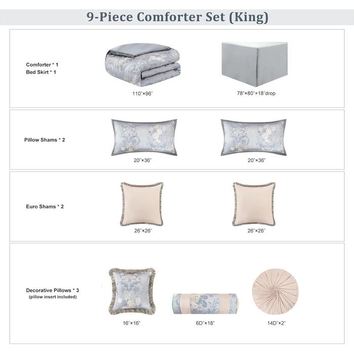 Комплект розкішної жакардової постільної білизни Loom and Mill 9 предметів для двоспальних ліжок, європейський квітковий дизайн, у