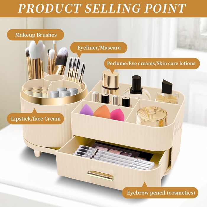 Органайзер для косметики Cinnani Make-Up, багатофункціональний косметичний органайзер, що обертається на 360, для туалетного столика, ванної кімнати та спальні, з багатофункціональною невеликою шухлядою (бежевий)