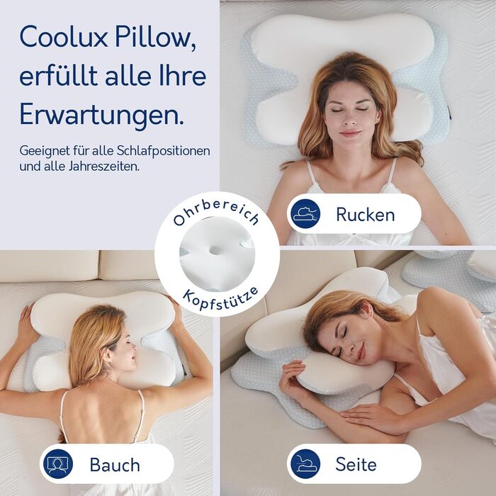 Подушка для шиї, подушка з піни з ефектом пам&39яті для сну на боці, спині та животі, ергономічна подушка для підтримки шиї з охолодженням, чохол, який можна прати, сертифікована Oeko-TEX, синьо-білий колір