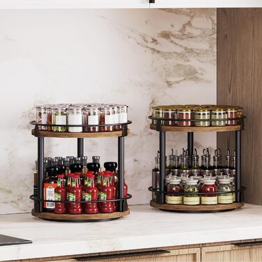 Підставка для спецій, 2-рівневий обертовий органайзер, комплект з 2 шт. , кругла обертова підставка для зберігання, компактний тримач для спецій з поворотним столом, для кухонної стільниці, обіднього столу, вінтажний коричневий та чорний XSR22L2BR 26 x 26