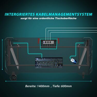 Ігровий стіл SONNI 140 см, ігровий стіл зі світлодіодним підсвічуванням, Z-подібна міцна ніжка, з підставкою для чашки та підставкою для навушників, 140x60x75 см, чорний (килимок для миші не входить до комплекту)