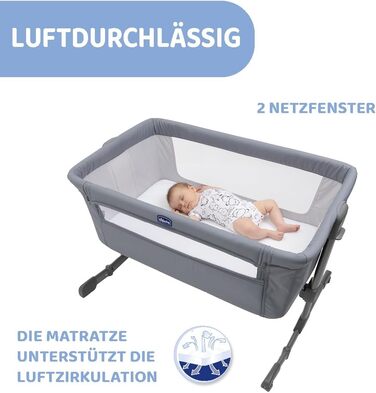 Дитяче ліжечко Chicco Next2Me Essential для новонароджених, приліжкове ліжечко, сумісне з різними ліжками, регульована висота, гарна циркуляція повітря, матрац і сумка в комплекті, 0-6 місяців, сірий колір